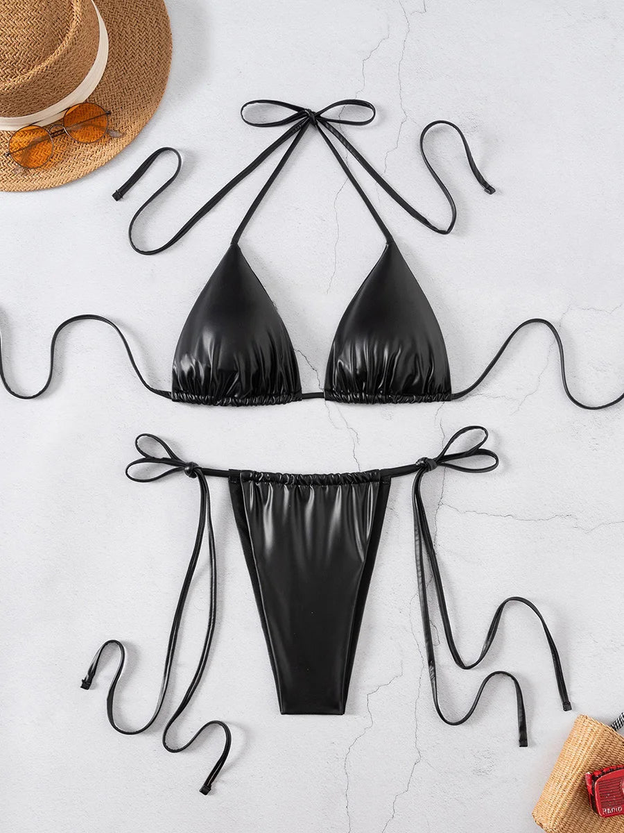 Sexy Kunstleder Bikini Damen – Micro Tanga Zweiteiler aus PU-Leder
